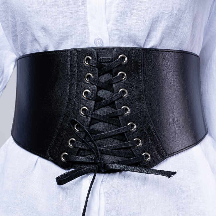 Centura neagra corset, lata din piele ecologica cu siret si capse mici