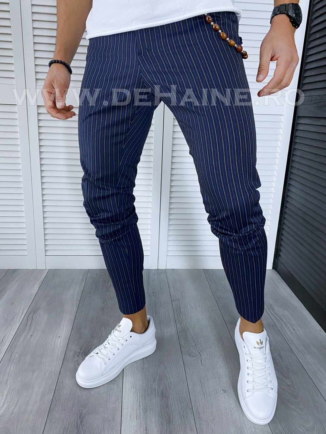 Pantaloni barbati casual regular fit bleumarin in dungi B1705 E