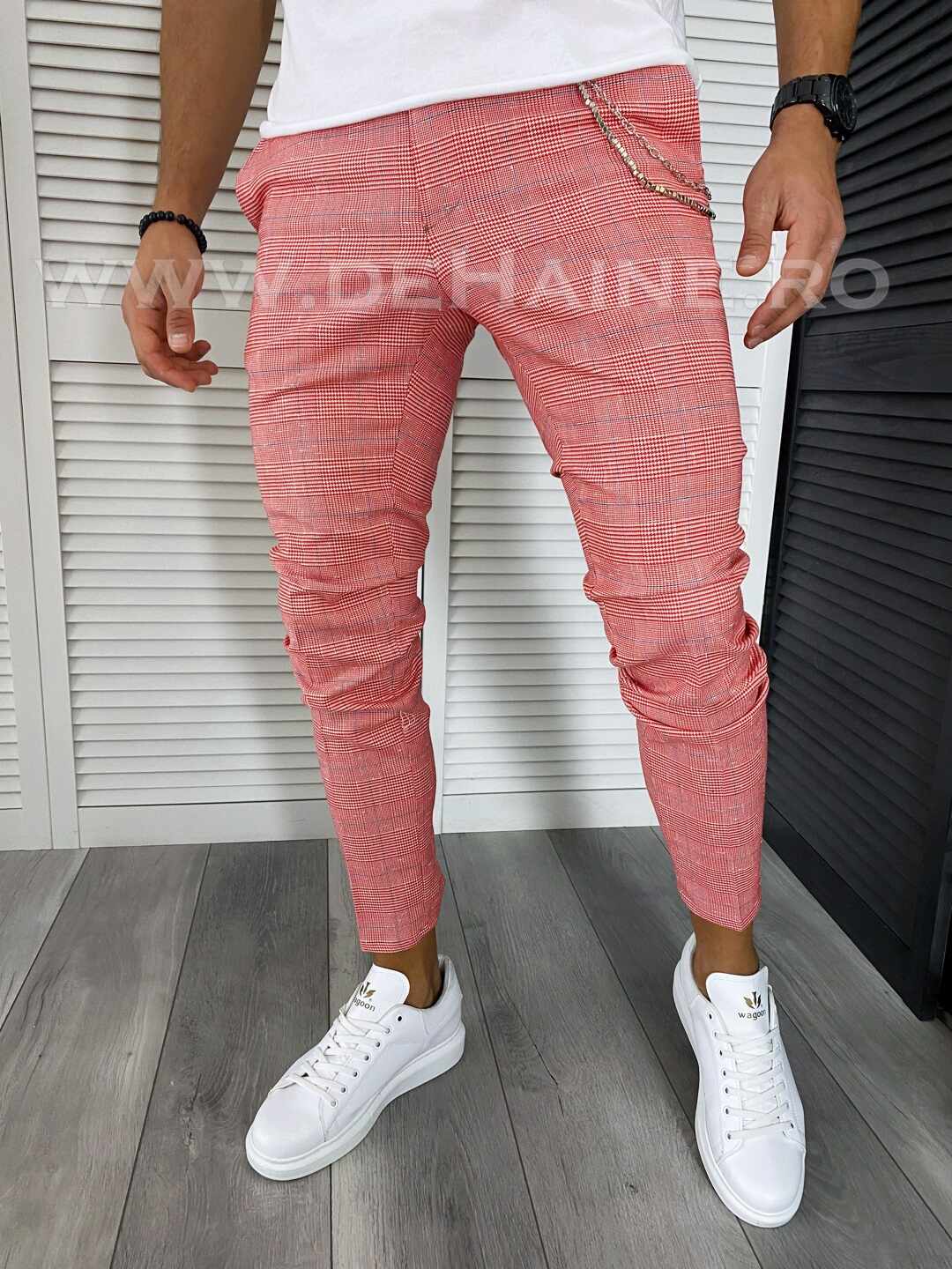 Pantaloni barbati casual regular fit rosii in carouri B1607 3-2 E