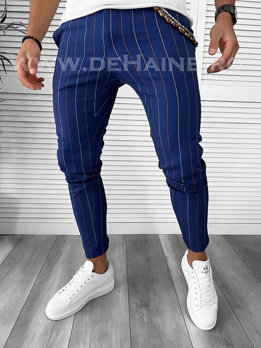 Pantaloni barbati casual regular fit bleumarin in dungi B7871 12-4 E*
