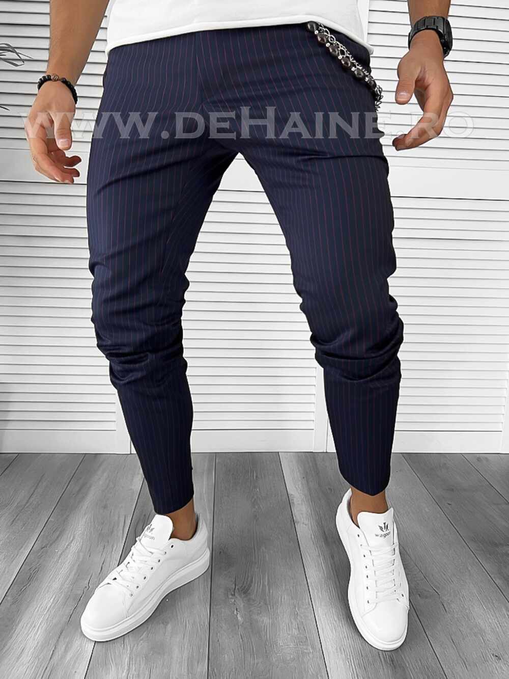 Pantaloni barbati casual regular fit bleumarin in dungi B7886 127-4 e