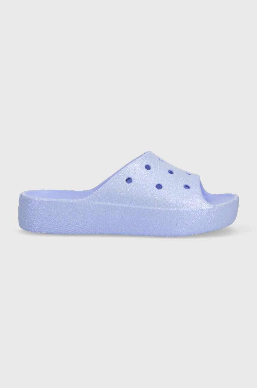 Crocs papuci Classic Platforn Glitter Slide femei, culoarea violet, cu platforma, 208233