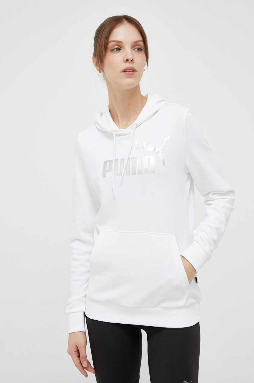 Puma bluză trening culoarea alb, cu glugă, cu imprimeu
