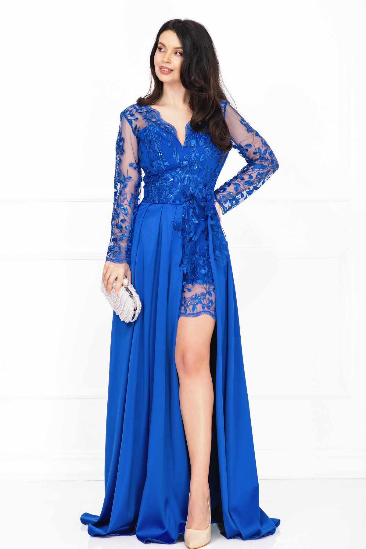 Rochie de seara Ivette albastru-royal din dantela si fusta din tafta