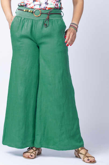 Fusta pantalon verde, casual, din in, cu o curea fancy