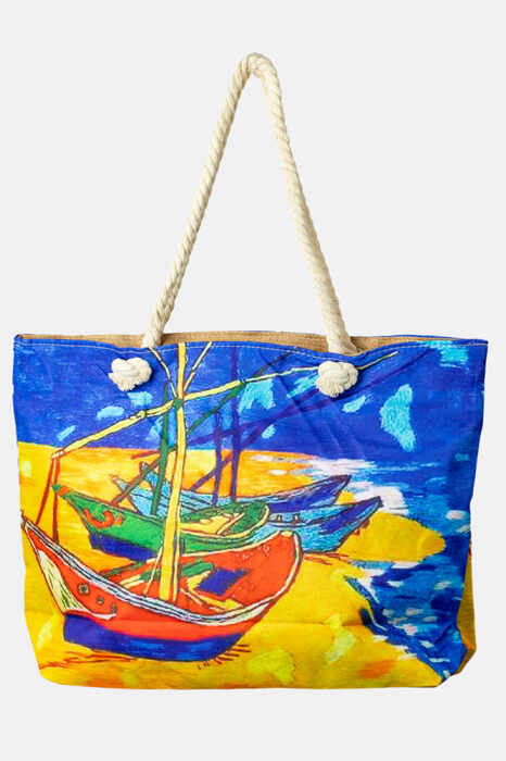 Geanta de plaja din material textil, cu imprimeu inspirat din pictura Barci pe plaja a lui Vincent Van Gogh