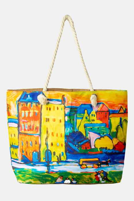 Geanta de plaja din material textil, dupa tablou celebru cu case multicolore