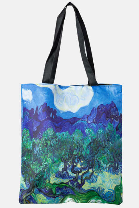 Geanta shopper din material textil, cu imprimeu inspirat dintr-o pictura impresionista a lui Van Gogh, cu nuante de albastru si verde