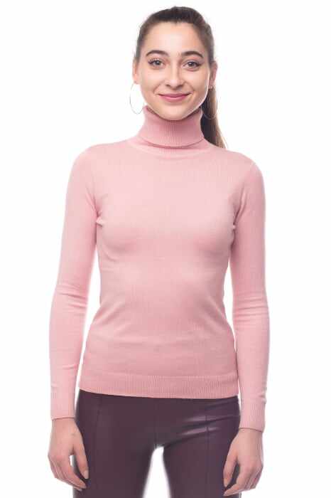 Helanca pulover cu guler inalt, roz prafuit