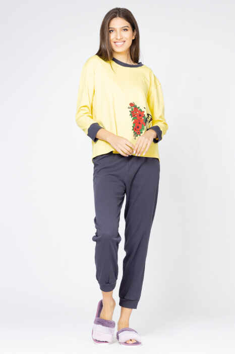 Pijama din tricot plin,de bumbac,doua piese cu fluture, galben-gri