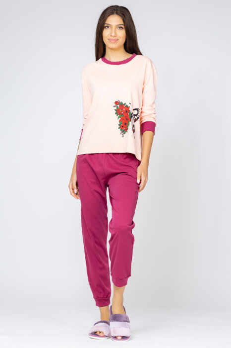 Pijama din tricot plin,de bumbac,doua piese cu fluture, roz - visiniu