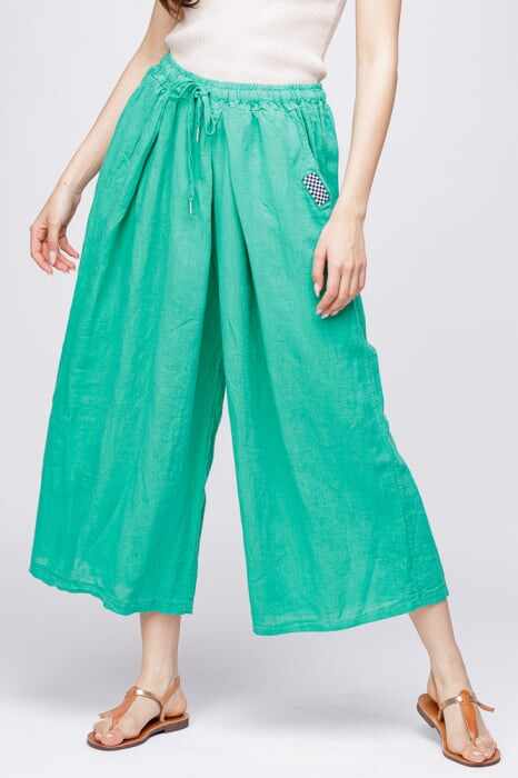 Pantaloni largi de vara din in cu aplicatie tabla de sah, verzi