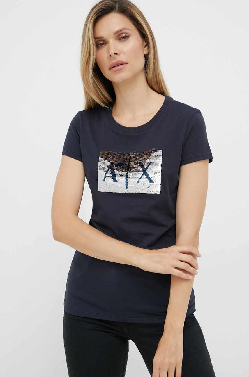 Armani Exchange tricou din bumbac culoarea albastru marin