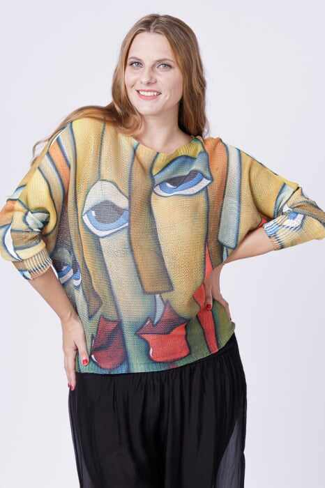 Bluza tricotaj subtire cu imprimeu stil Picasso pe fond galben