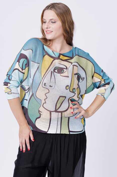 Bluza tricotaj subtire cu imprimeu stil Picasso pe fond turcoaz