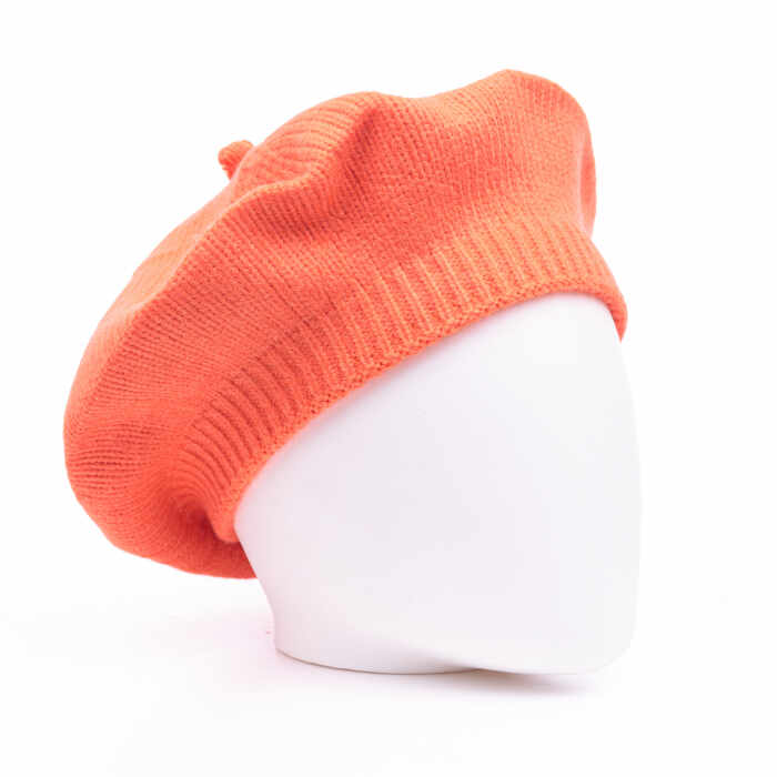 Bereta portocalie cu model tricotaj simplu cu clini, din lana