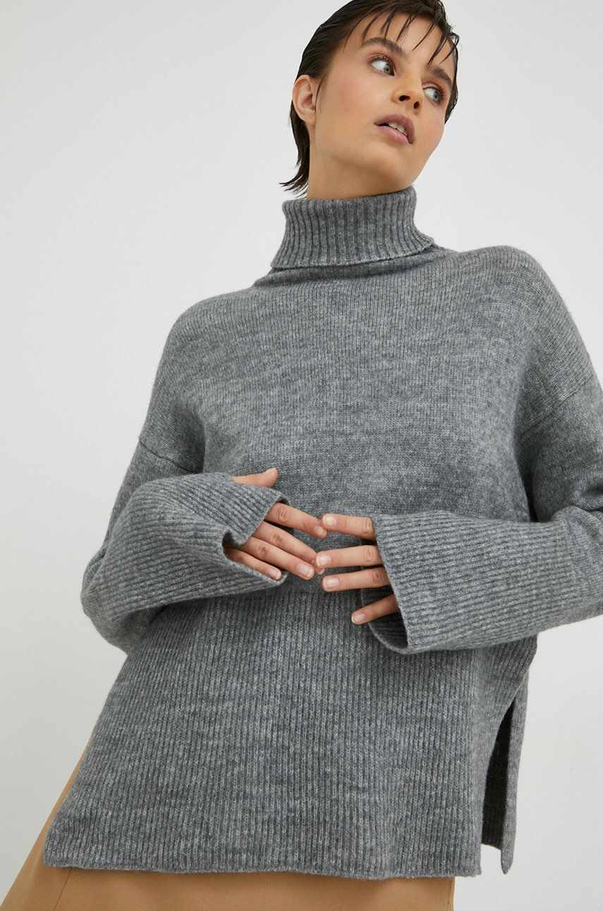Herskind pulover din amestec de lana femei, culoarea gri, cu guler