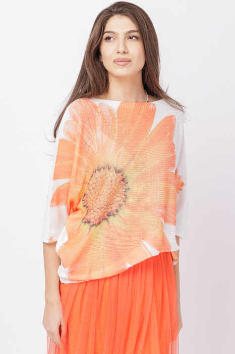 Bluza cu maneca fluture si imprimeu floare mare portocalie