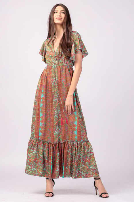 Rochie lunga cu volan si imprimeu floral, din matase indiana turcoaz - corai