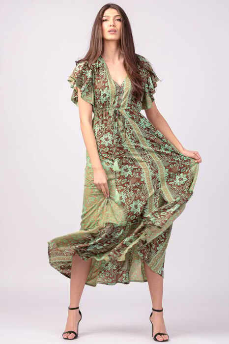 Rochie lunga cu volan si imprimeu floral, din matase indiana verde menta - maro