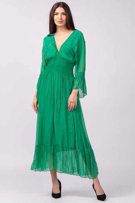 Rochie verde din matase naturala cu banda elastica in talie si volane