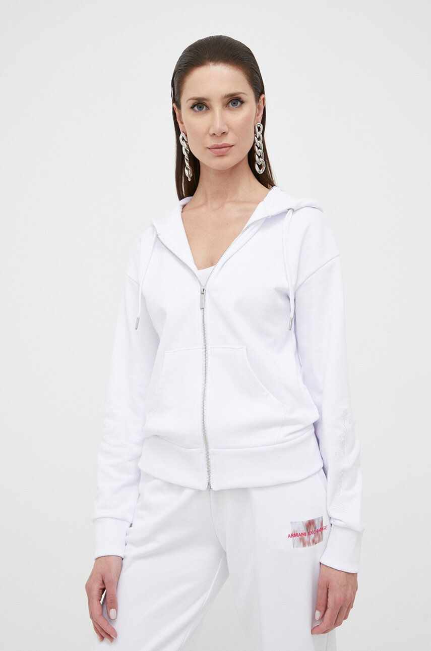 Armani Exchange bluza femei, culoarea alb, cu glugă, neted