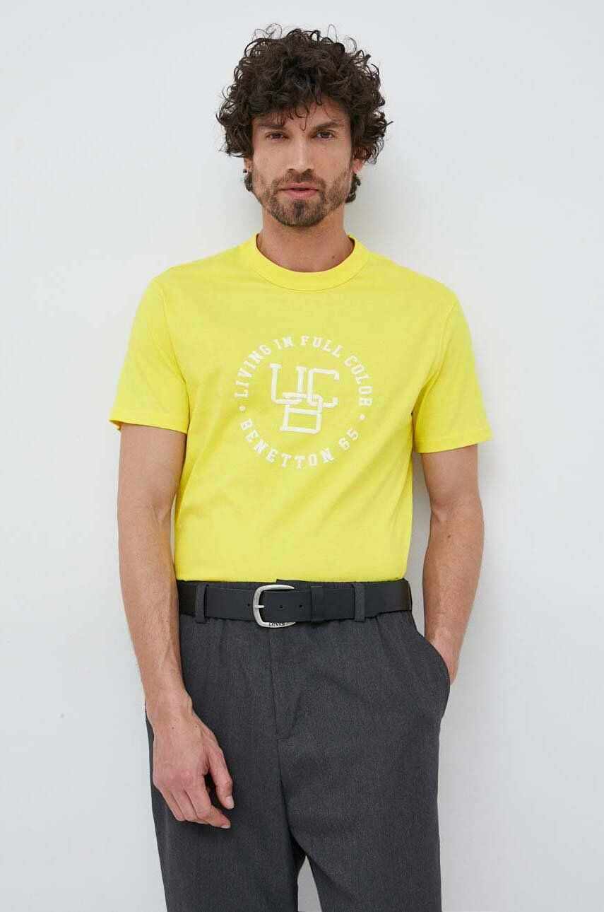United Colors of Benetton tricou din bumbac culoarea galben, cu imprimeu