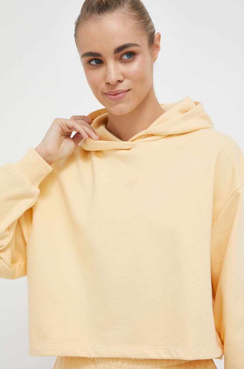 4F bluza femei, culoarea galben, cu glugă, neted