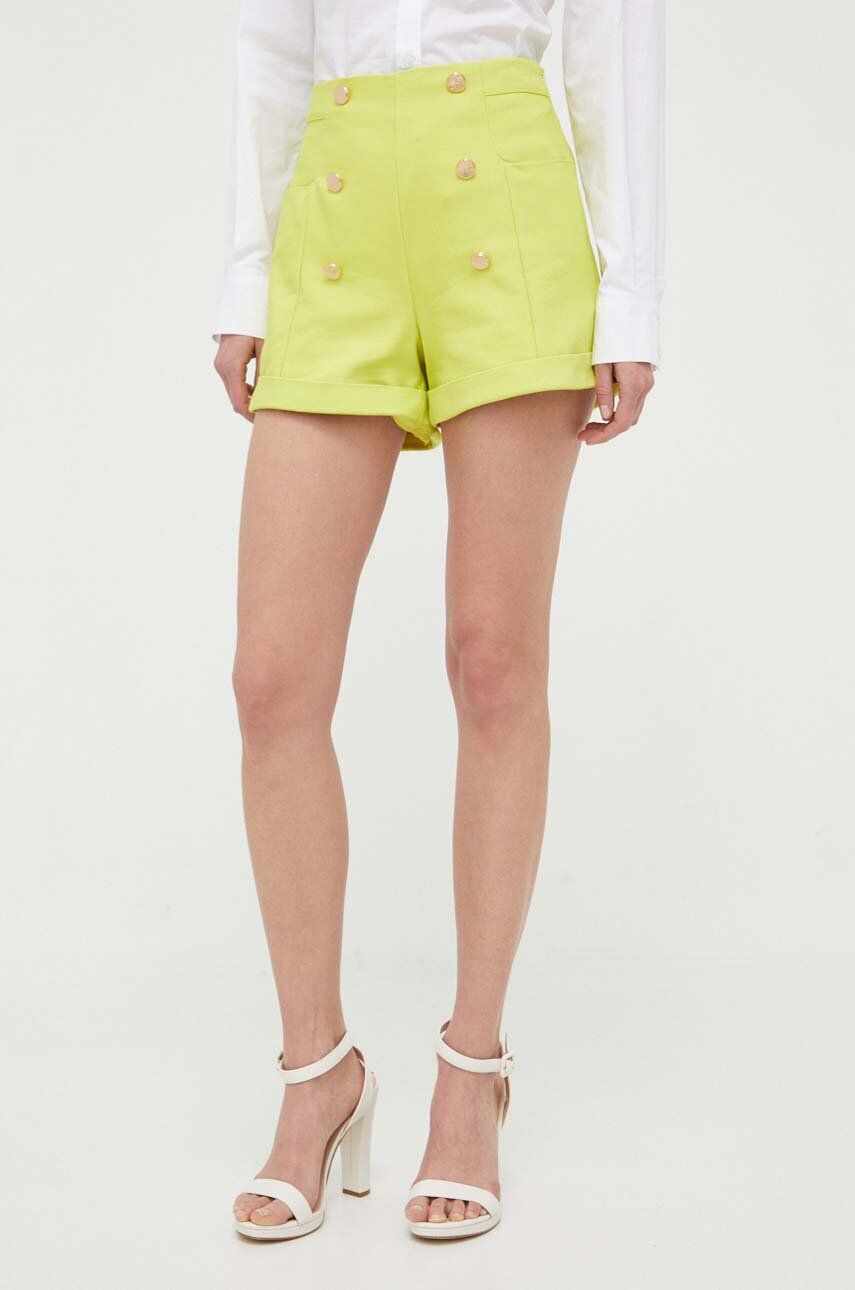 Morgan pantaloni scurti femei, culoarea verde, neted, high waist