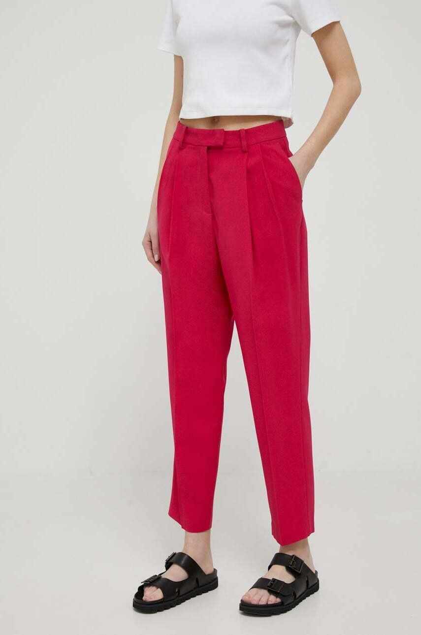 Sisley pantaloni femei, culoarea roz, fason tigareta, high waist