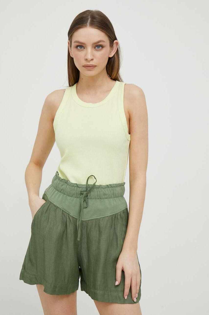 Deha pantaloni scurți din amestec de in culoarea verde, neted, high waist