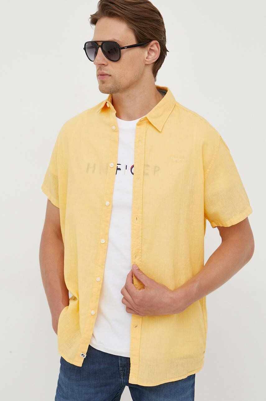 Pepe Jeans camasa de in Parker culoarea galben, cu guler clasic, regular