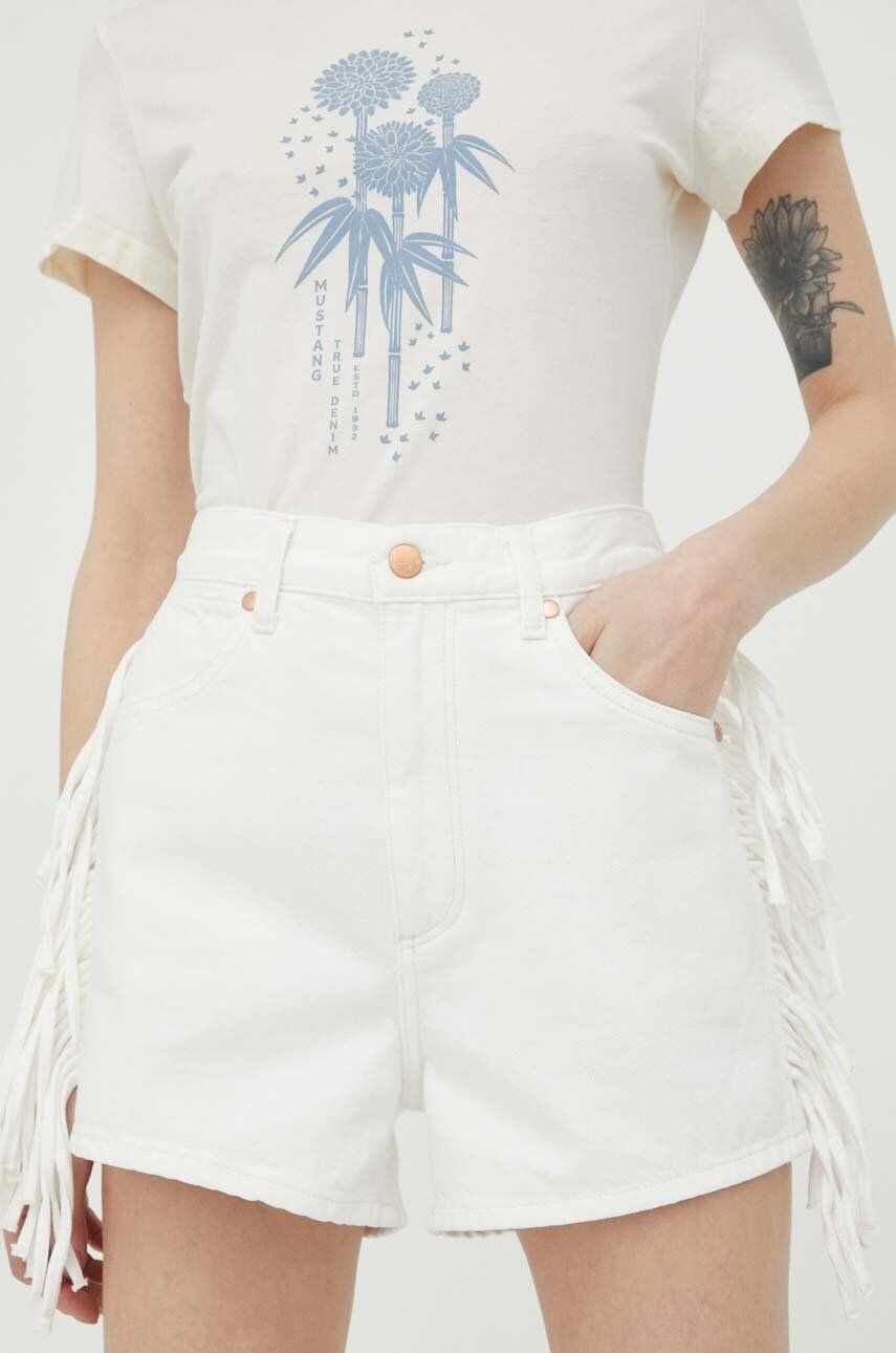 Wrangler pantaloni scurti jeans Fringed Festival femei, culoarea alb, neted, high waist