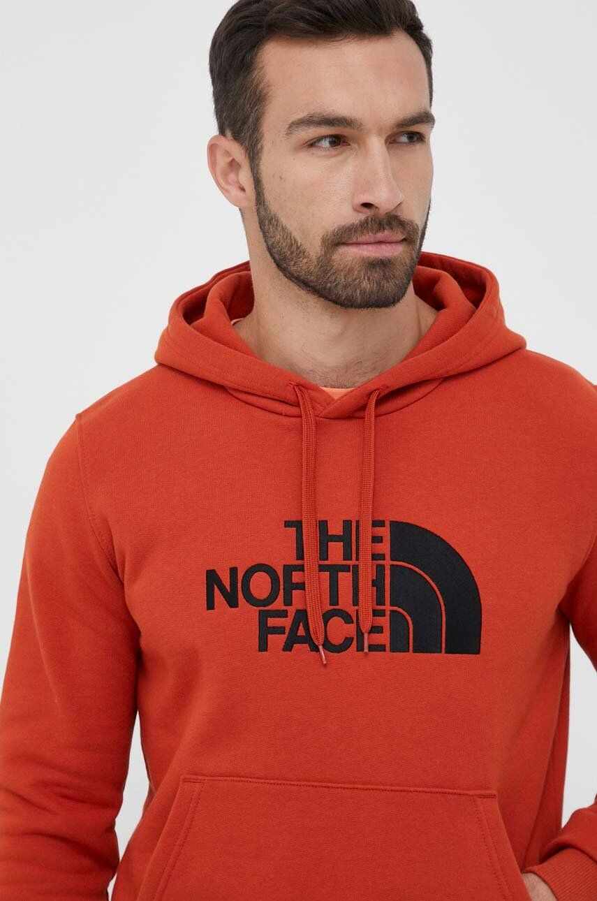 The North Face hanorac de bumbac barbati, culoarea portocaliu, cu glugă, cu imprimeu