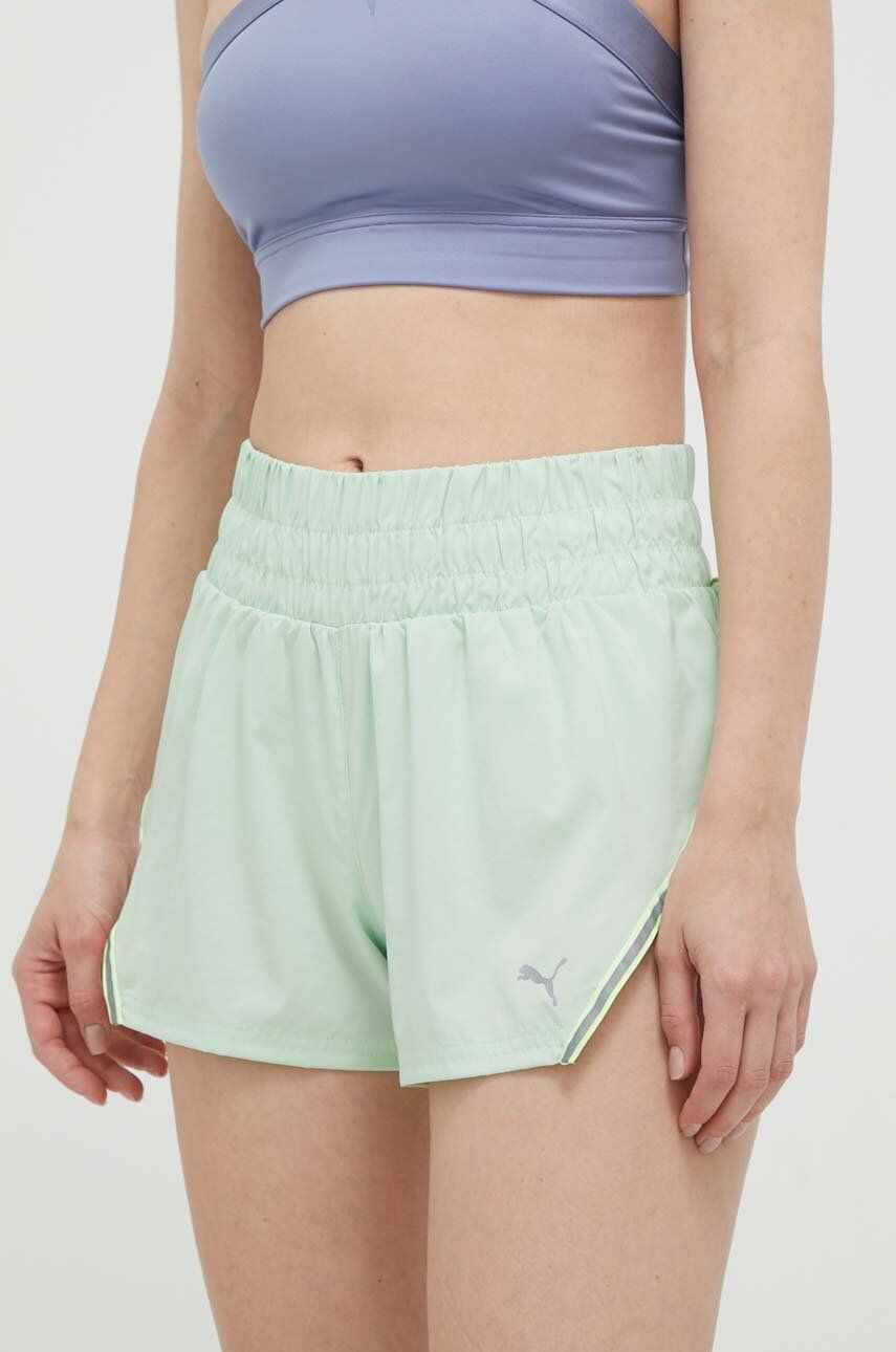 Puma pantaloni scurți de alergare culoarea verde, cu imprimeu, high waist