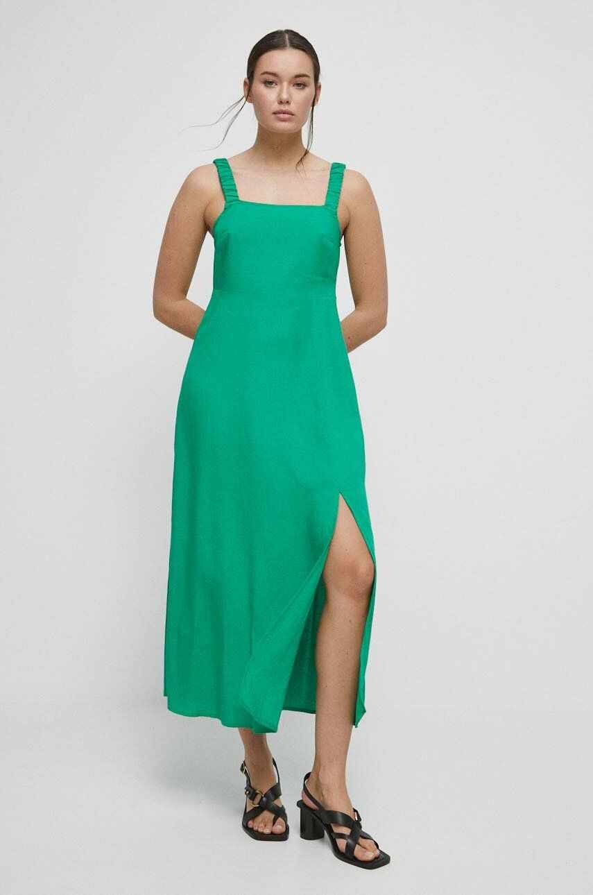 Medicine rochie din amestec de in culoarea verde, maxi, evazati