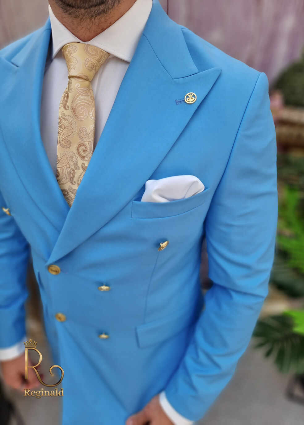 Costum de barbati bleu cu nasturi aurii: Sacou si Pantalon - C4076