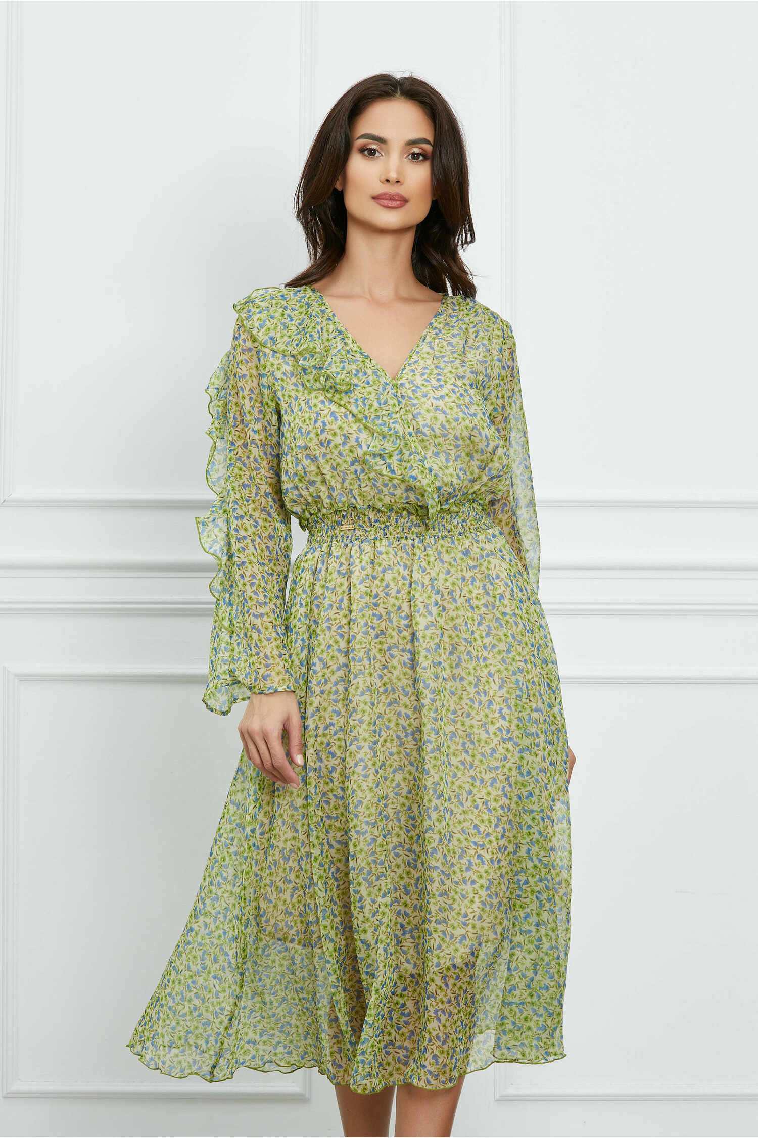 Rochie Florance verde cu imprimeuri albastre