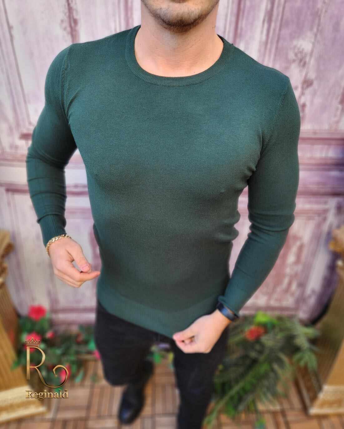 Bluza cu guler rotund, de bărbați, Slim Fit, Verde – BZ252