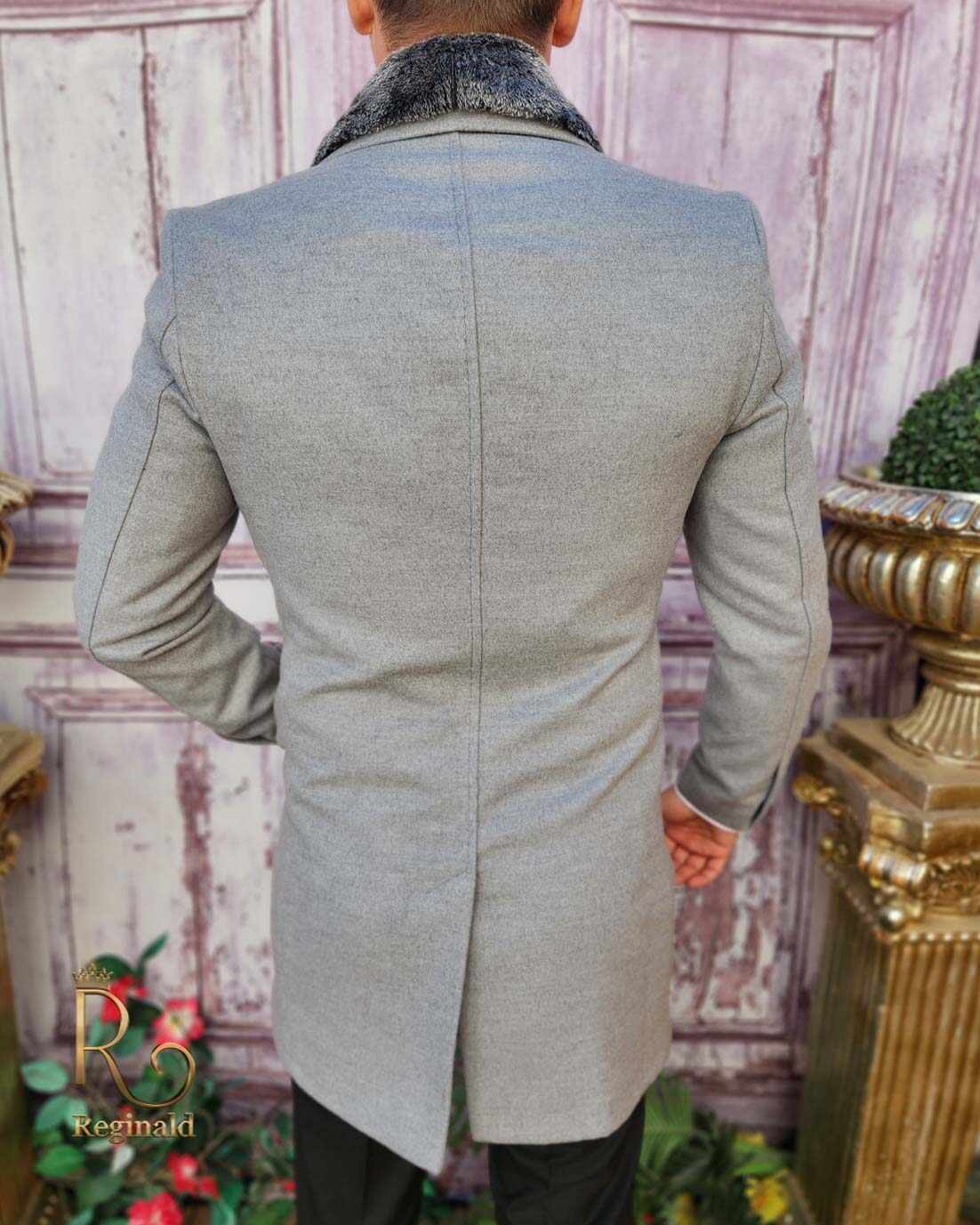 Palton de bărbați, Slim Fit, Gri cu guler detașabil din blana - PT454