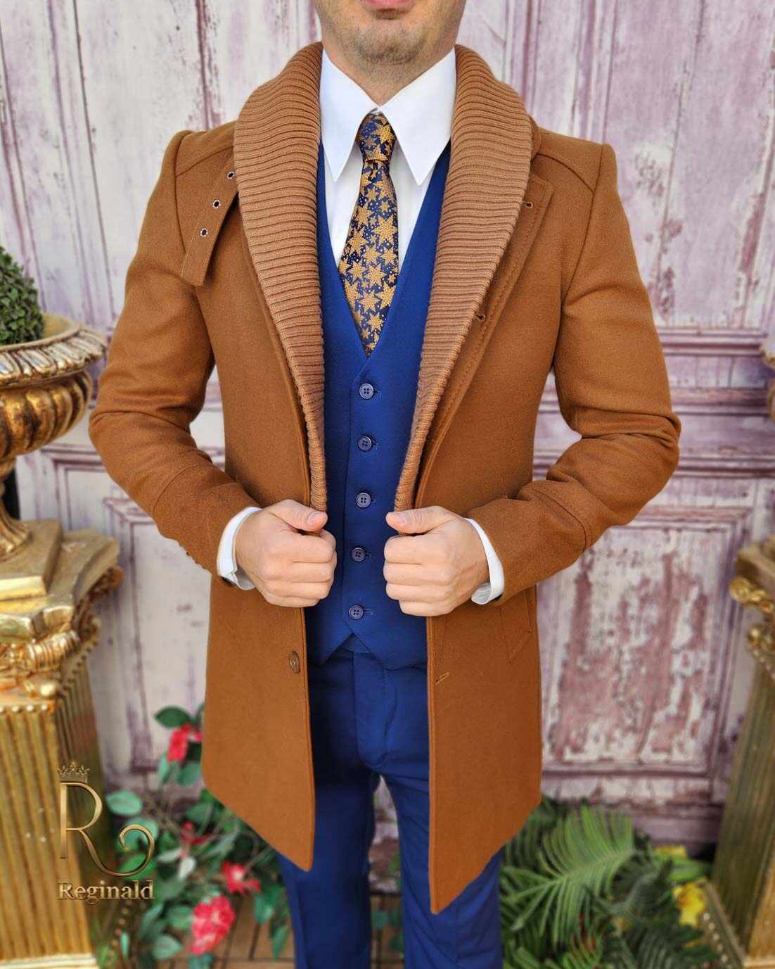 Palton de bărbați, Slim Fit, Maro cu guler textil - PT453