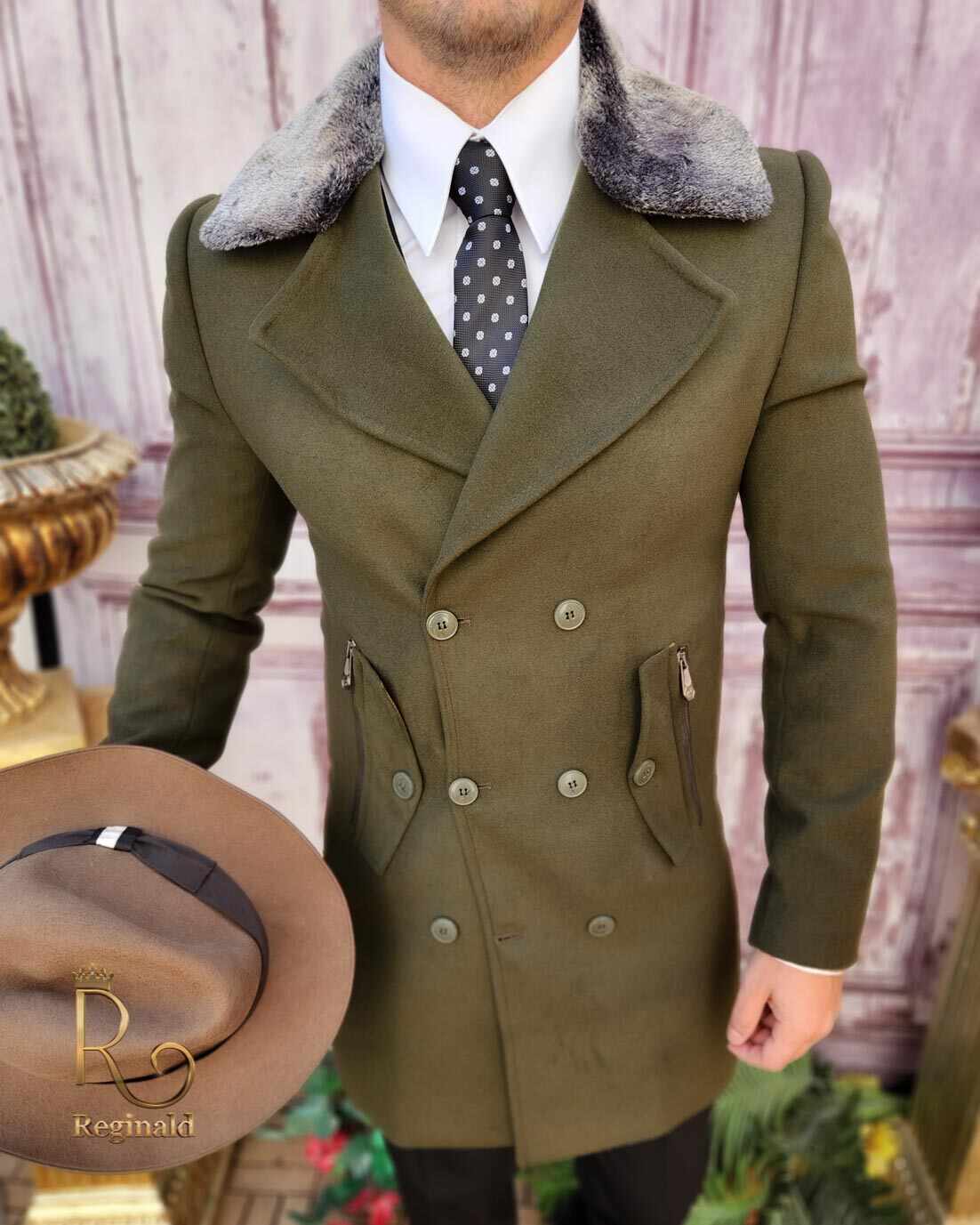 Palton de bărbați, Slim Fit, Verde cu nasturi si blana la guler - PT462