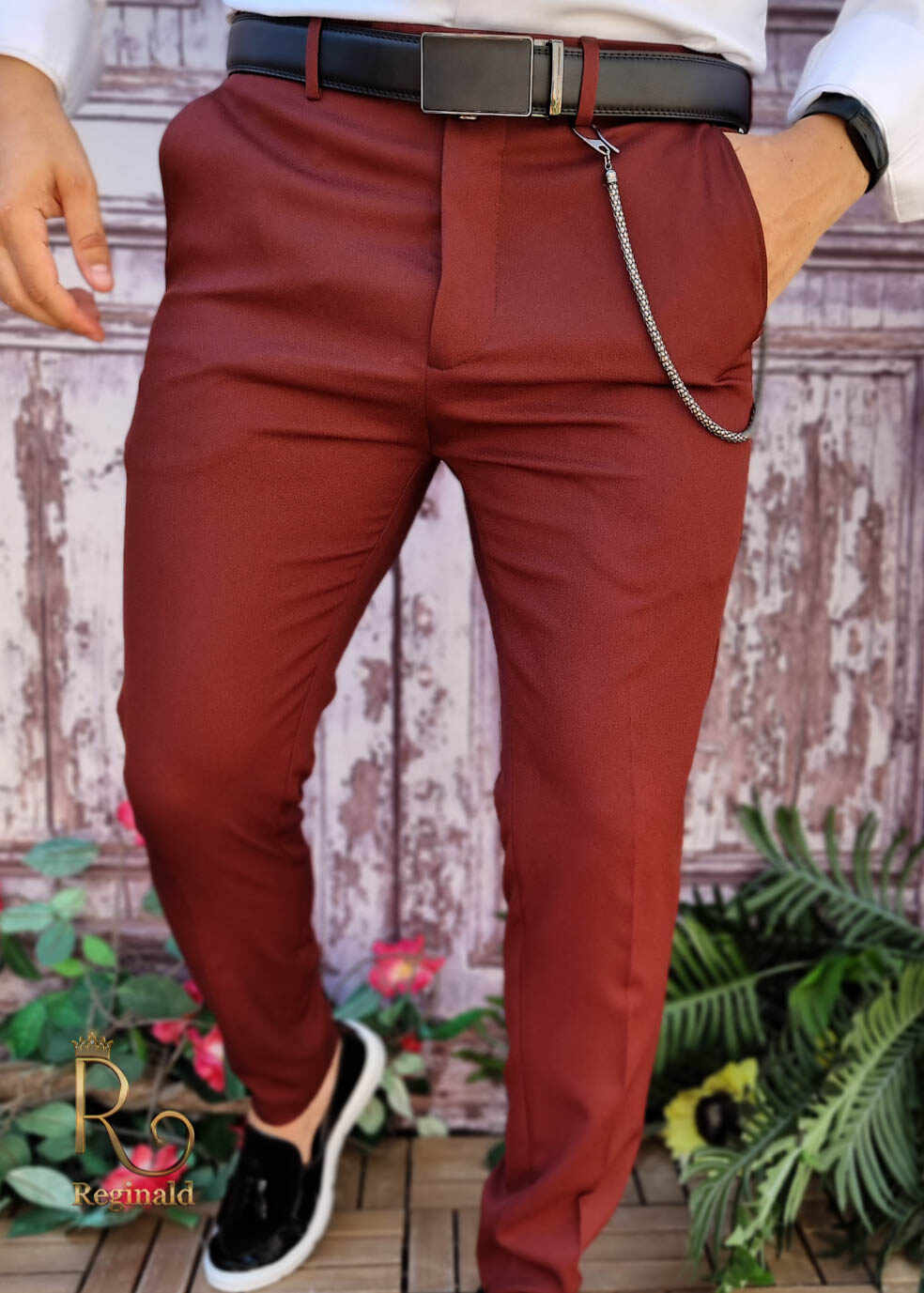 Pantaloni Bordeaux de bărbați, Casual Slim Fit, Conici cu lanț – PN701