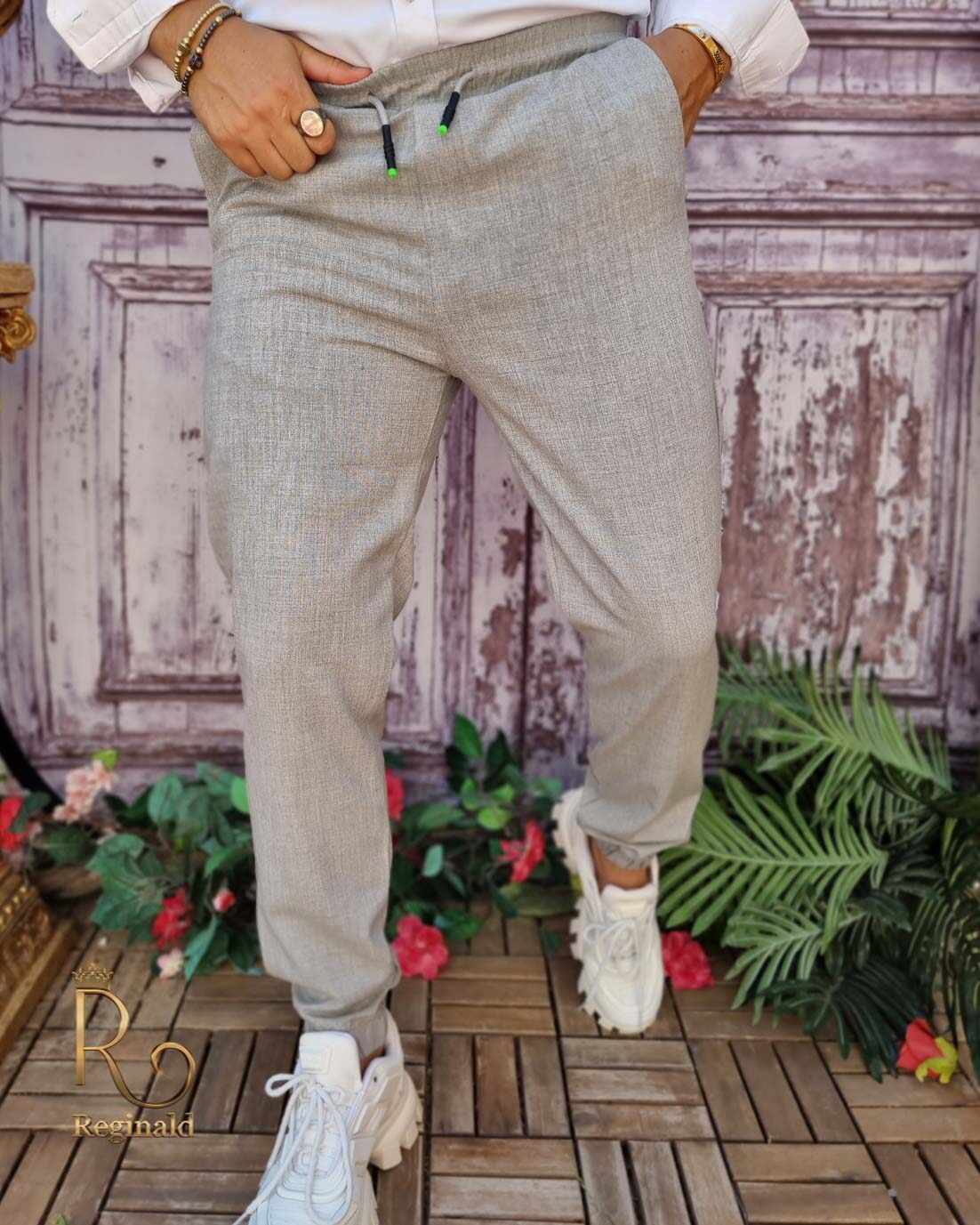 Pantaloni casual Slim-Fit, Gri, cu șnur - PNT211