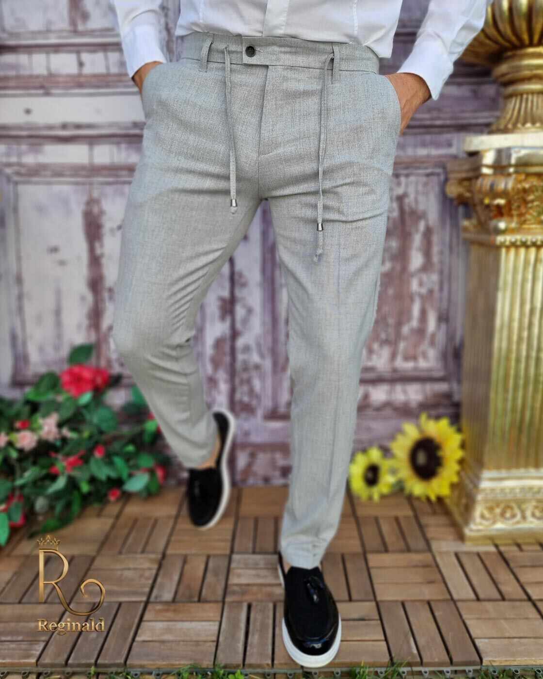 Pantaloni casual Slim-Fit, Gri, cu șnur si tiv întors - PN659