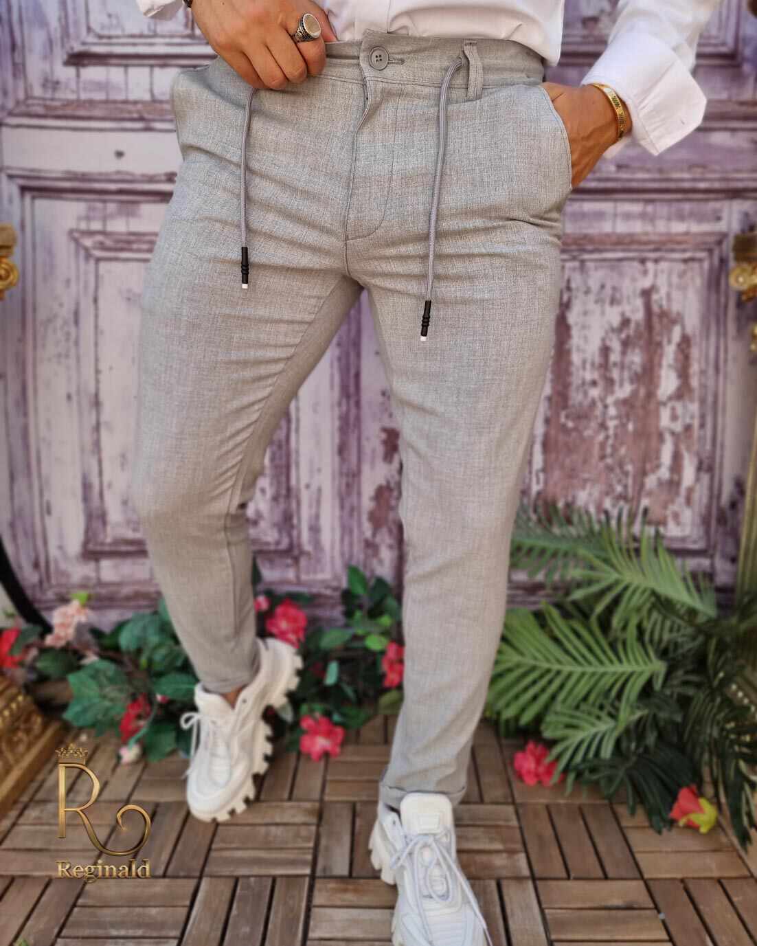 Pantaloni casual Slim-Fit, Gri, cu șnur si tiv întors - PNT206
