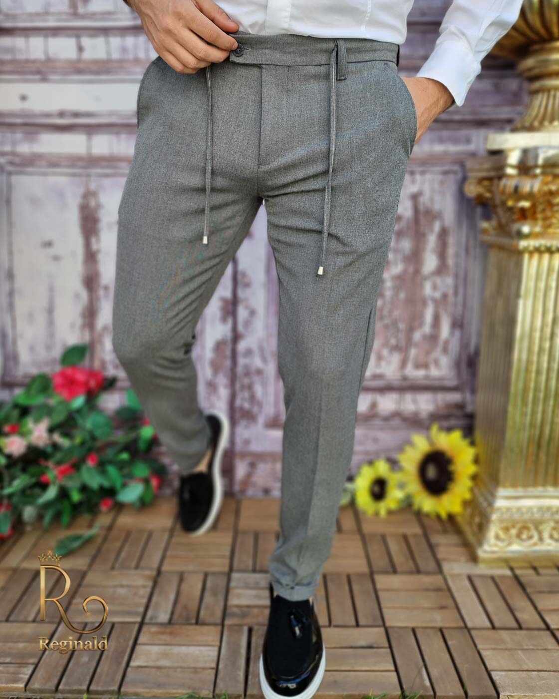 Pantaloni casual Slim-Fit, Gri inchis, cu șnur si tiv întors - PN658
