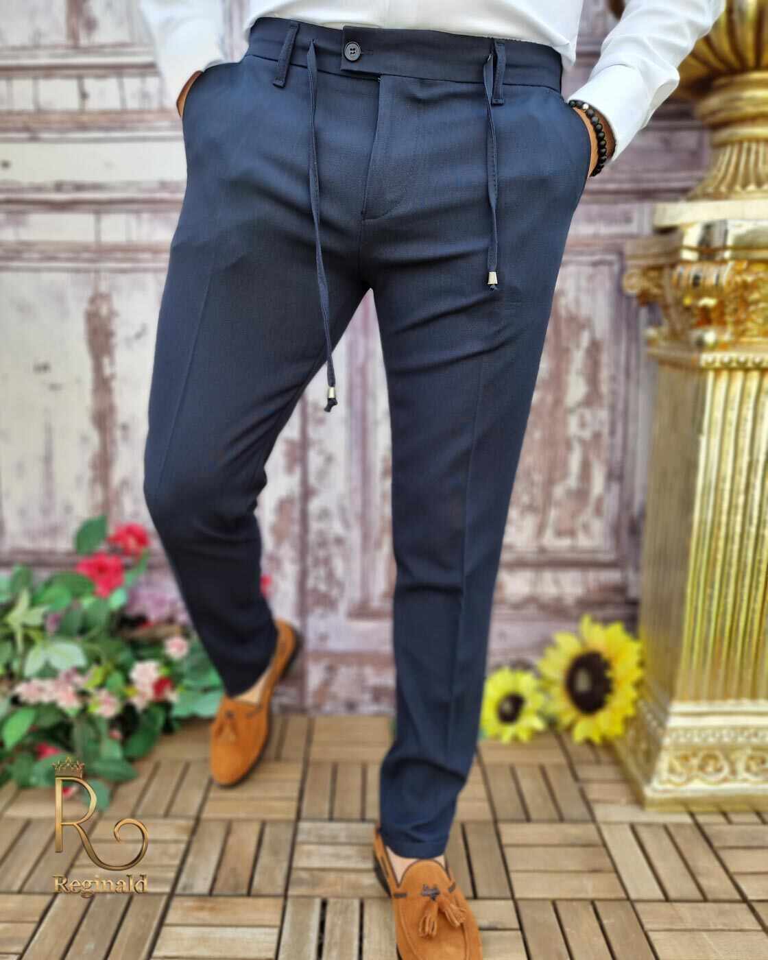 Pantaloni de bărbați, casual Slim-Fit, Bleumarin, cu șnur- PN681