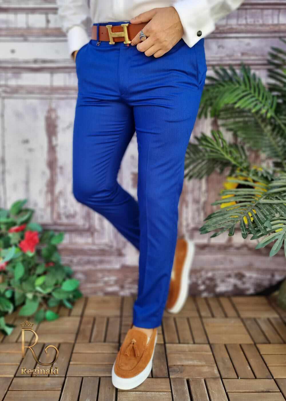 Pantaloni eleganti, albastri, conici si elastici - PN571