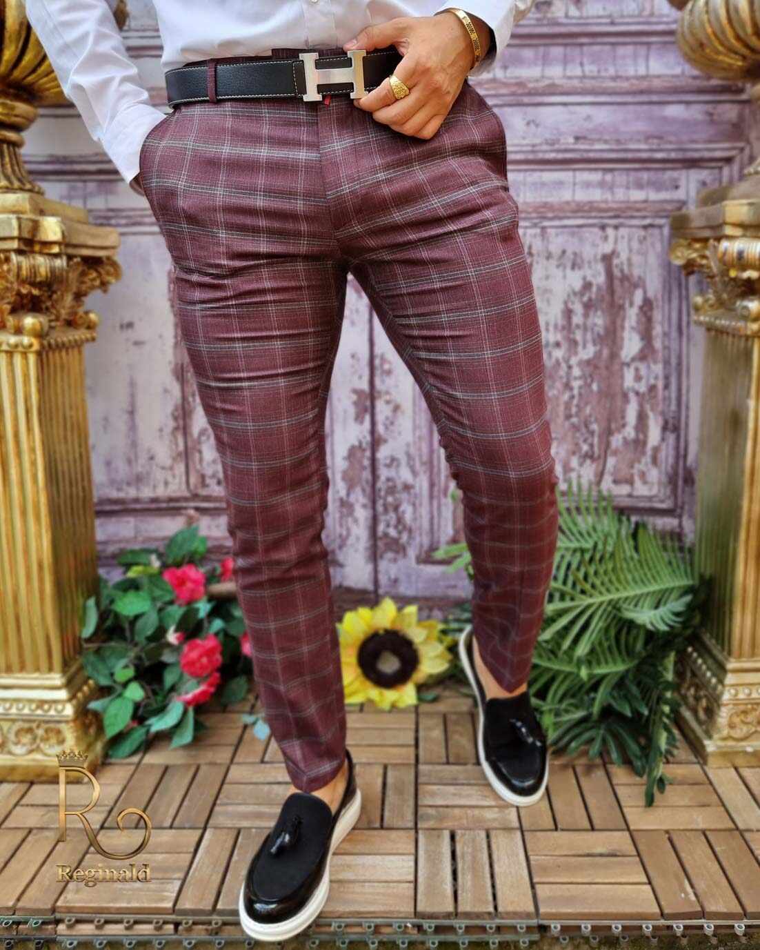 Pantaloni eleganți, Bordo in carouri, conici si elastici - PN720